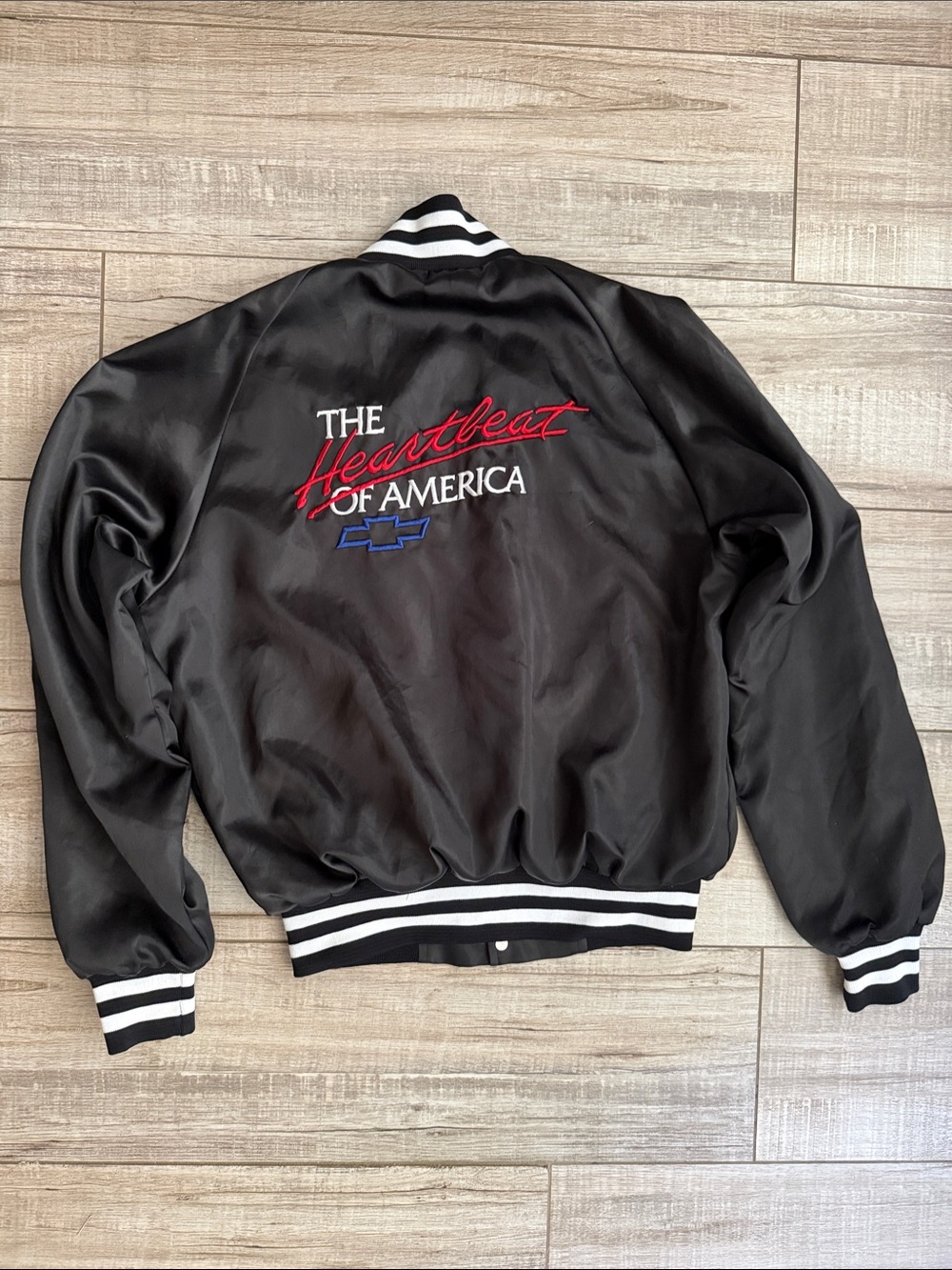 Vtg 80s Chevy The Heartbeat of America Satin Bomber Jacket - Made in USA - M